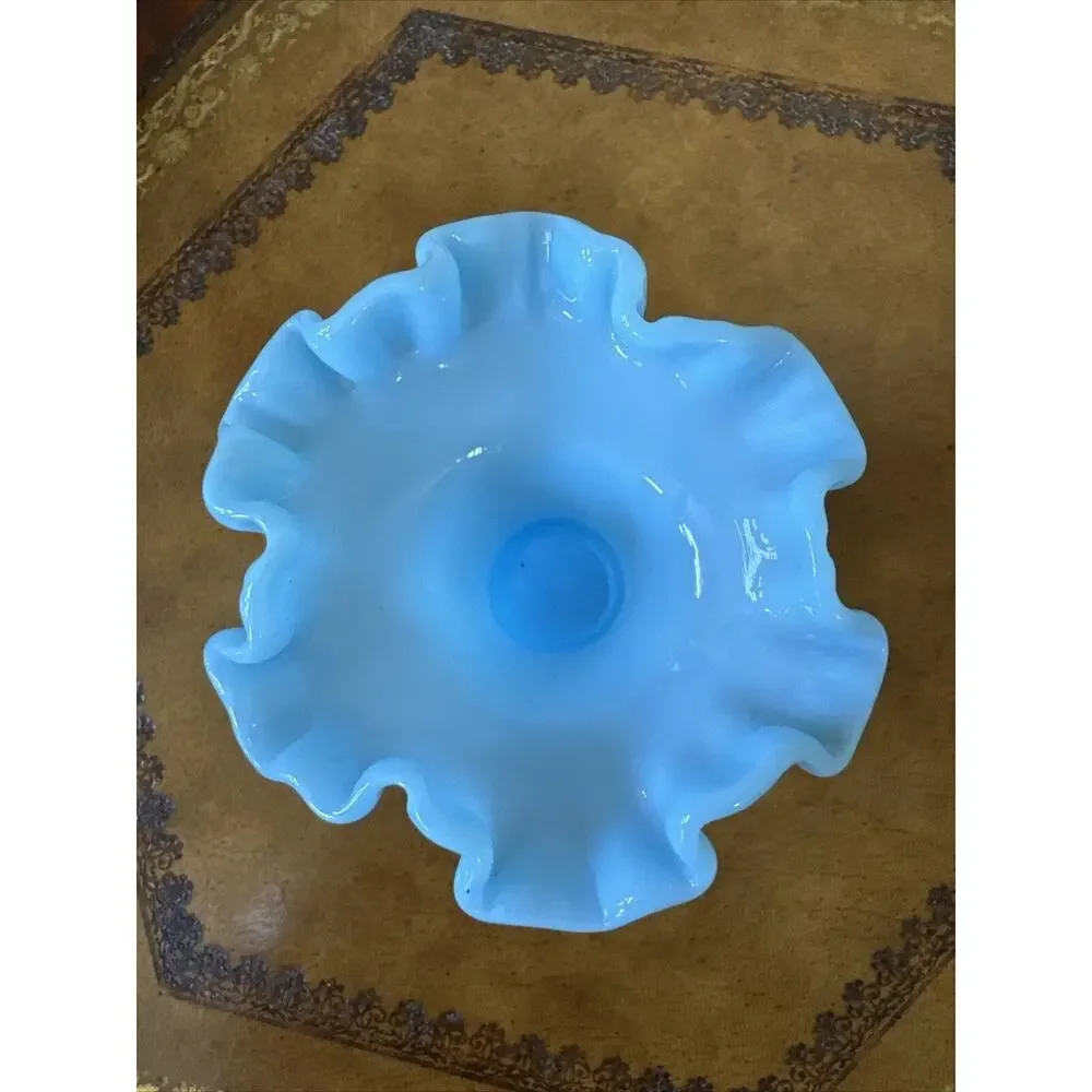 1970s Rare Fenton‎ Blue Milk Glass Beaded Melon Double Crimped Ruffled 6